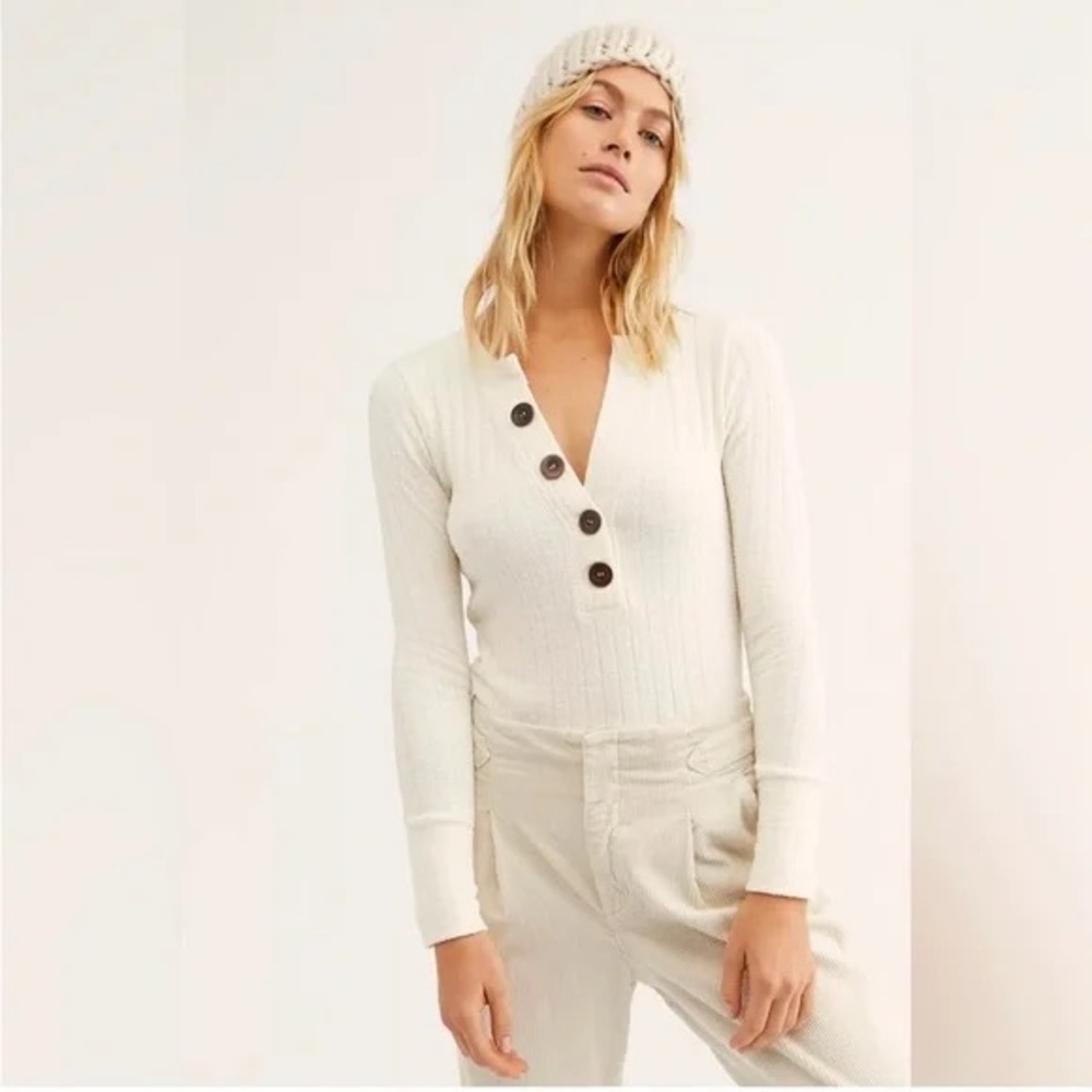 We The Free Ivory Oliver Henley Button-Down Ribbed Shirt